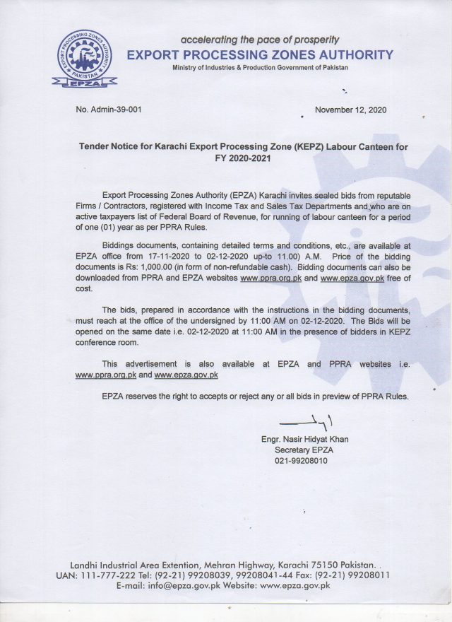Tender Notice For Karachi Export Processing Zone (KEPZ) Labour Canteen