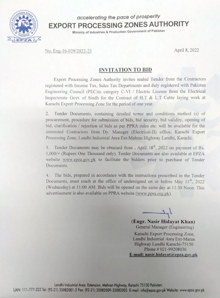 Contract of H.T and L.T Cable Laying Work at Karachi Export Processing