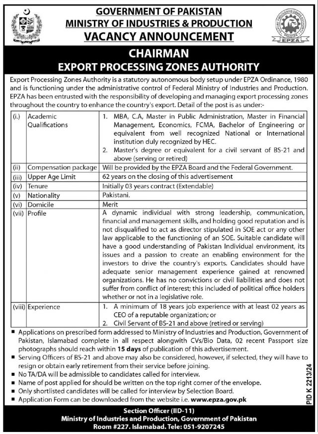 Application Form for the Post of Chairman EPZA – Export Processing ...
